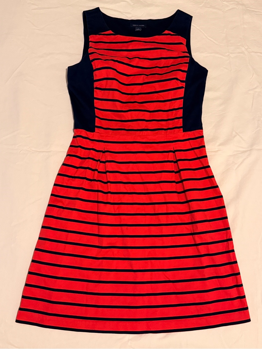 Tommy Hilfiger Red and Black Striped Sleeveless Fit-and-Flare Dress